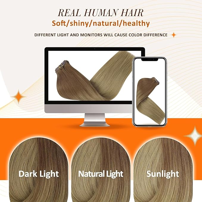 Full Shine Human Clip in Hair Extensions 22 Inch Light Brown 120G Hair Extensions Golden Brown to Ash Blonde Invisible Skin Weft Long Straight Hair for Women 8 PCS