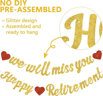 Glitter Gold Happy Retirement We Will Missed You Banner Pre-Strung Retirement - Image 2
