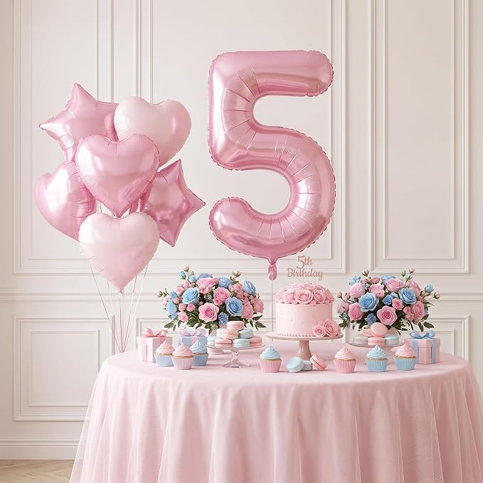 TONIFUL 5th Birthday Balloons Kit 40 Inch Pink Large Number 5 Foil Balloon | - Image 4
