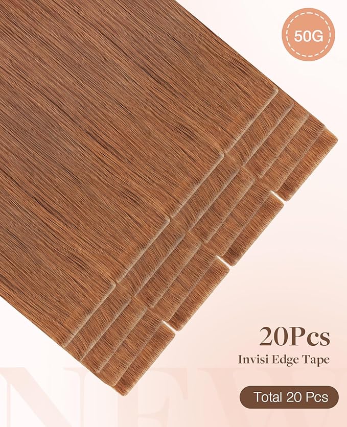 GOO GOO Invisi Edge Tape in Hair Extensions Human Hair, 330 Cinnamon Terra Copper, 20pcs 20inch 50g, Virgin Remy Hair, Seamless Injected Tape, Natural Look