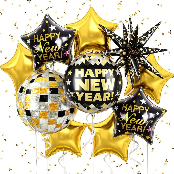 Black and Gold Happy New Year Balloons, 18 Inch New Years Foil Balloons by FEYG