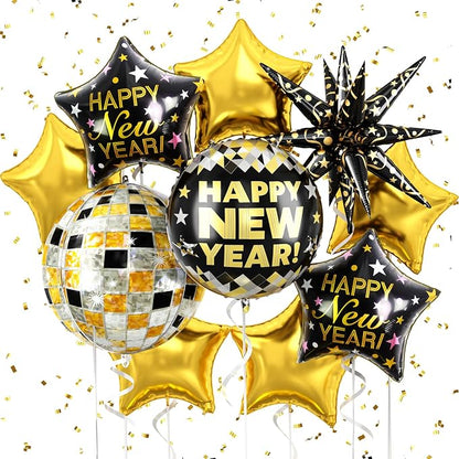 Black and Gold Happy New Year Balloons, 18 Inch New Years Foil Balloons by FEYG