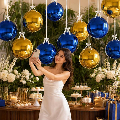 9 Pcs Blue Gold Round Foil Balloons Dark Navy Blue Metallic Gold Chrome 4D Ball - Image 6