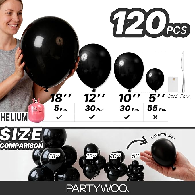 PartyWoo Black Balloons 120pcs Different Sizes of 18 12 10 5 Inch | Balloons - Image 6