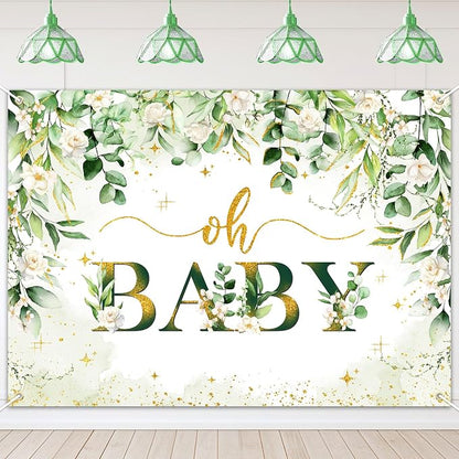 Greenery Boy Baby Shower Decorations Banner Floral Green Sage Oh Baby Backdrop by AVEZANO