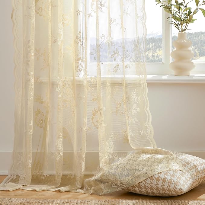 SEEKRIGHT Beige Lace Curtains 80 Inches Long Victorian Floral Lace Curtains - Image 4