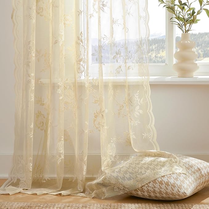 SEEKRIGHT Beige Lace Curtains 90 Inches Long Victorian Floral Sheer Curtains - Image 4