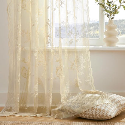 SEEKRIGHT Beige Lace Curtains 90 Inches Long Victorian Floral Sheer Curtains - Image 4