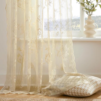 Beige Lace Curtains 120 Inches Long 2 Panels Vintage Floral Sheer Curtains - Image 4