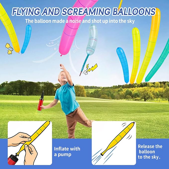 100 Rocket Balloons with 2 Pumps and 5 Helicopter Balloon Toys | Whistling - Image 4