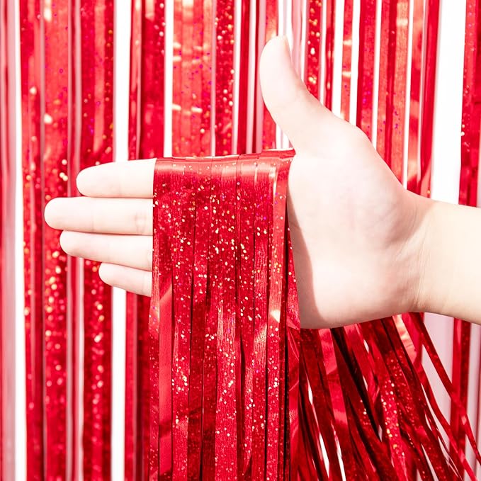 Voircoloria Laser Red Foil Fringe Backdrop Curtains, 2 Pack | Tinsel Streamers - Image 2