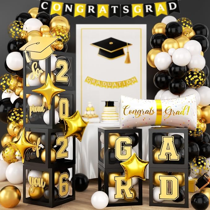 Black and Gold Graduation Decorations Balloons Boxes Arch by Jobkoo
