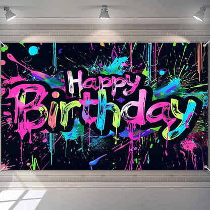 HOMETITUTE Neon Happy Birthday Backdrop 96x72 Inch | Happy Birthday Backdrop by HOMETITUTE
