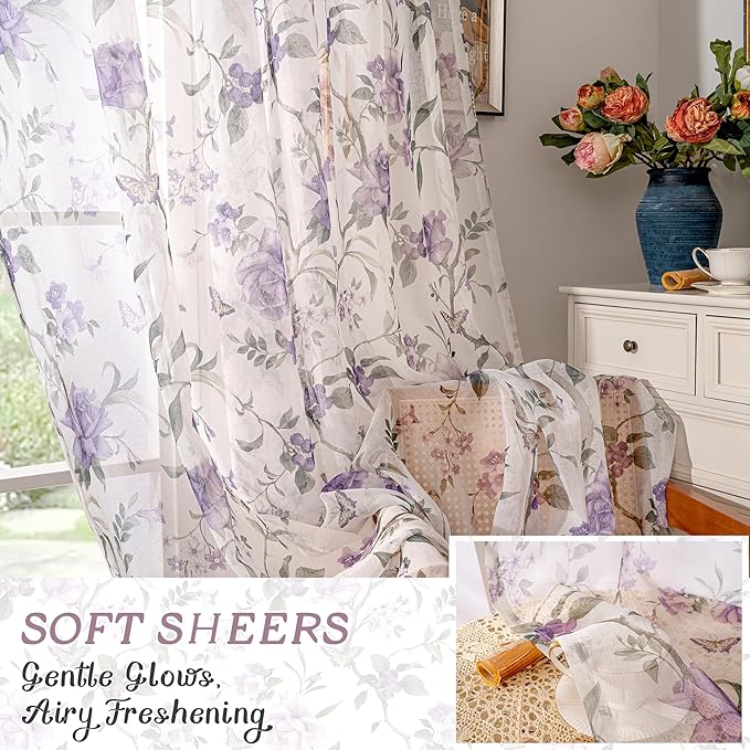 Sheer Curtains 54 Inch Length 2 Panels Set, Lavender Floral Patterned Linen - Image 6
