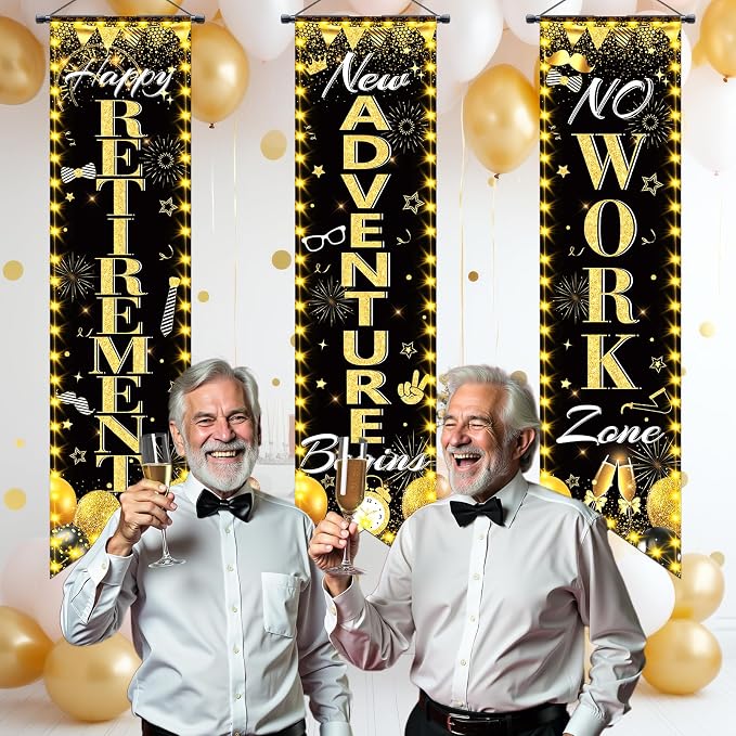 3Pcs Retirement Porch Sign Door Hanging Banner Black Gold Happy Retirement - Image 5