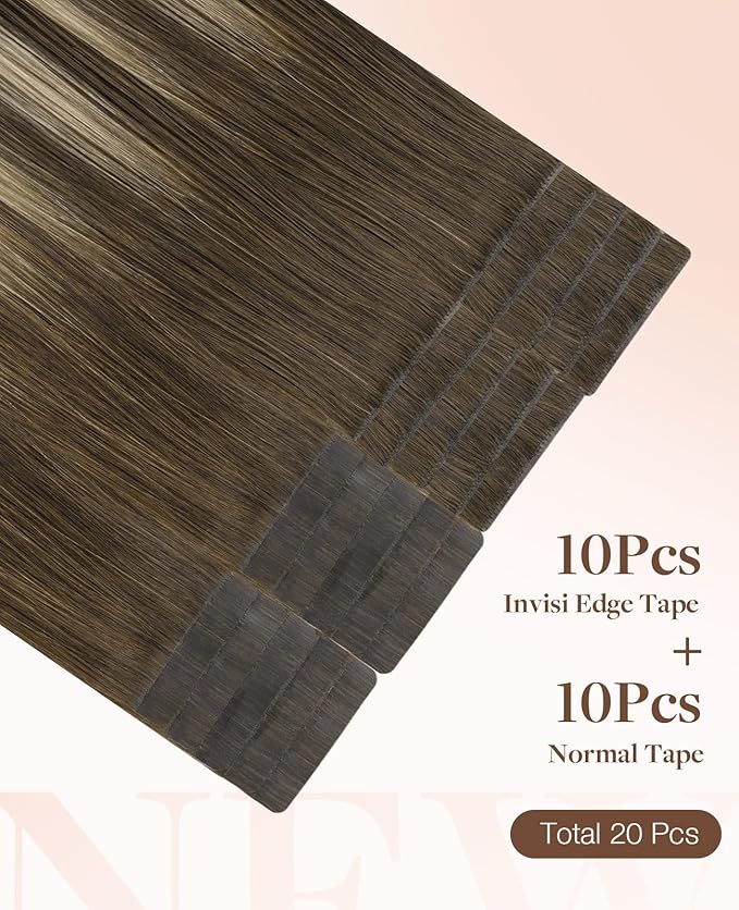 GOO GOO Invisi Edge Tape in Hair Extensions Human Hair, 4/26/4 Balayage Chocolate Brown to Honey Blonde 10pcs injected with 10pcs classical tape ins, 14inch 50g, Virgin Remy Hair, Natural Look