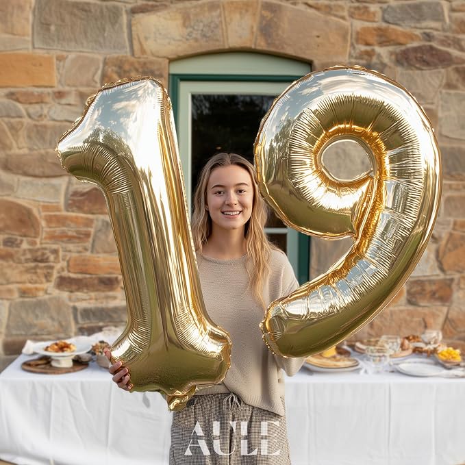 AULE 40 Inch Light Gold 19 Balloon Number Foil 0-9 Birthday Big Numbers | - Image 3