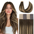GOO GOO Tape in Hair Extensions Human Hair, 4/27/4 Balayage Chocolate Brown to Caramel Blonde, 12inch 40g 20pcs, Skin Weft Seamless Invisible, Silky Straight with Thick Ends, Remy Human Hair