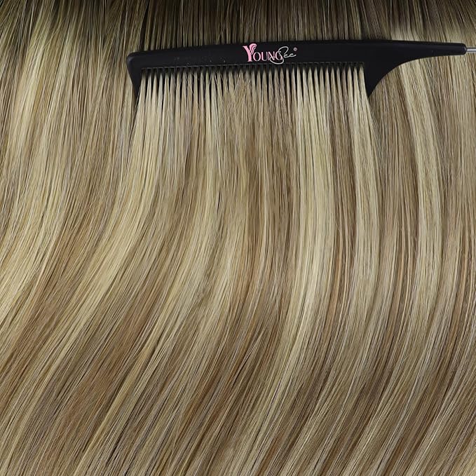 YoungSee Tape in Hair Extensions Real Human Hair Brown Balayage Tape in Hair Extensions Ombre Dark Brown to Medium Brown with Blonde Hair Extension Tape-in Real Human Hair for Women 18 Inch 20pcs 50g