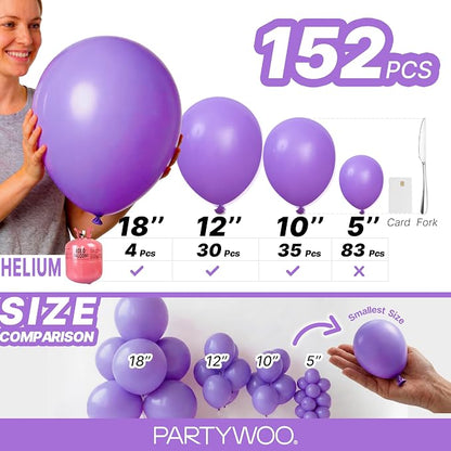 PartyWoo Purple Balloons 152pcs Different Sizes of 18 12 10 5 Inch Purple - Image 6