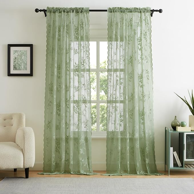Sage Green Lace Curtains Victorian Floral Sheer Curtains 45 Inch Length - Image 2