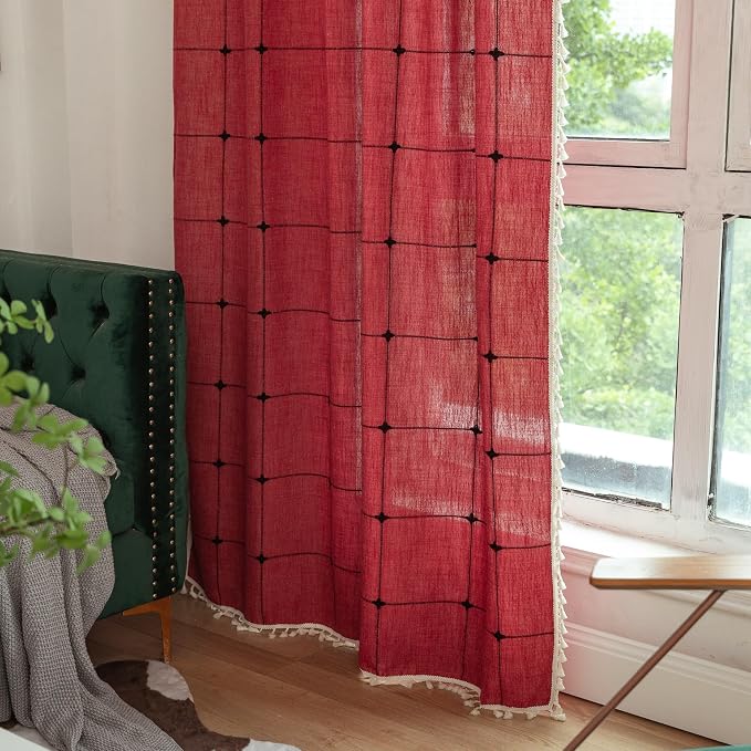 Sutuo Home Boho Curtains for Kitchen Nursery 63 Inch Length, Grid Linen Light - Image 4
