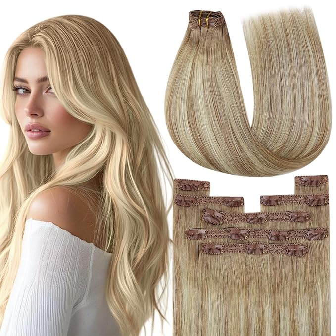YoungSee 24inch Clip in Hair Extensions Real Human Hair Golden Brown with Blonde Balayage Clip in Hair Extensions Long Straight Human Hair Clip in Extensions for Woman 120g