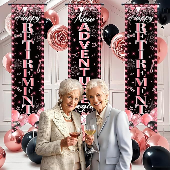 3Pcs Retirement Porch Sign Door Hanging Banner Rose Gold Happy Retirement - Image 5