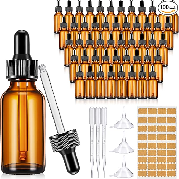 Lallisa 100 Pack Essential Oil Dropper Bottle 30 ml (1 oz) Glass Dropper Bottles DIY for DIY Essential Oil Perfume with 5 Funnels 5 Pipettes 3ml 100 Labels for Bathrooms, Hotels, Labs (Amber)