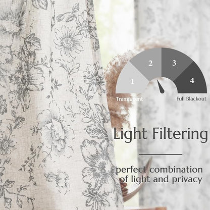 jinchan Grey Floral Linen Curtains 90 Inch Vintage Back Tab 2 Panels | Light - Image 4