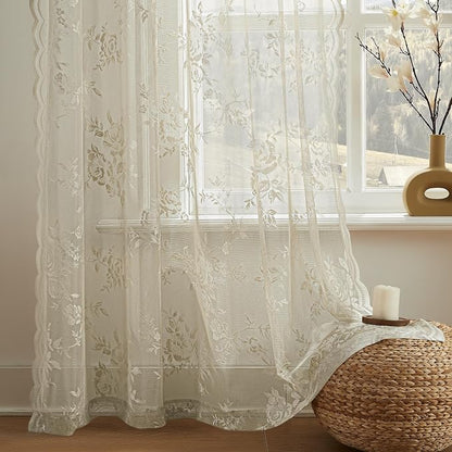 Khaki Lace Curtains 54 Inch Length 2 Panels Set Country Taupe Floral Curtains - Image 6