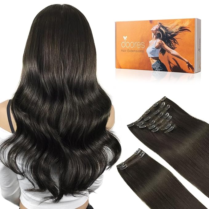 DOORES Human Hair Extensions Clip in, Mocha Brown 150g 9pcs 16 Inch, Clip ins Remy Hair Extensions Real Human Hair Clip in Hair Extensions Human Hair Natural Straight Thick Hair