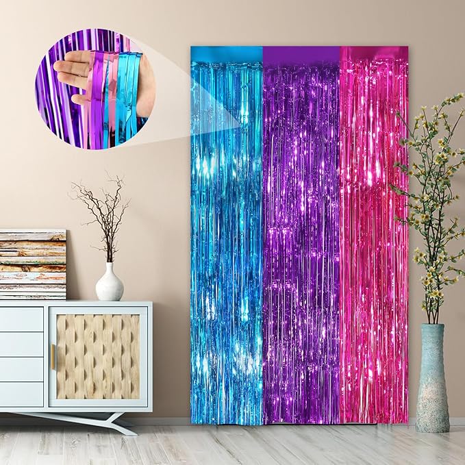 Rainbow Fringe Curtain Party Streamers 2Pack 3.3x8.3 Ft Foil Fringe Backdrop - Image 2