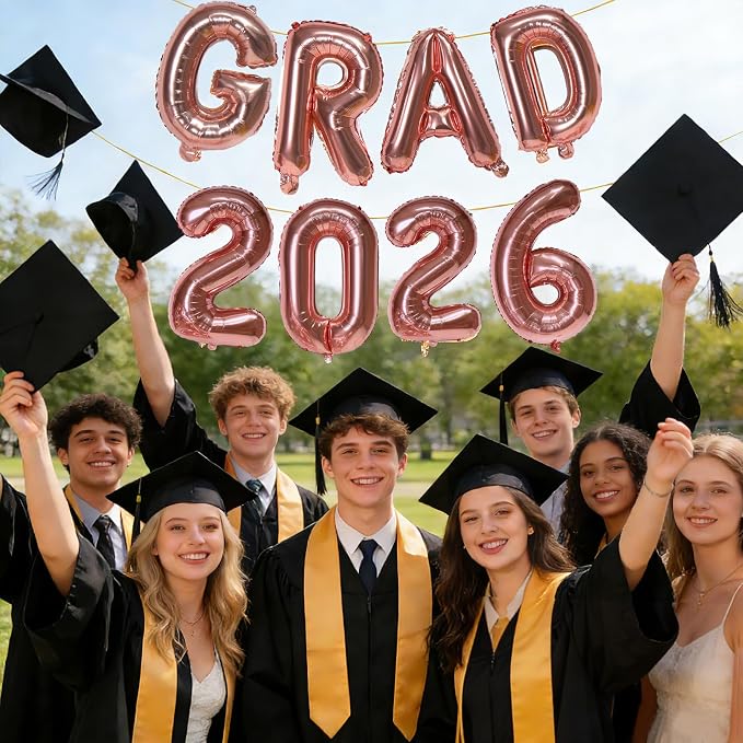Rose Gold GRAD 2026 Banner Balloons, 16 Inch Mylar Foil letter Graduation - Image 5