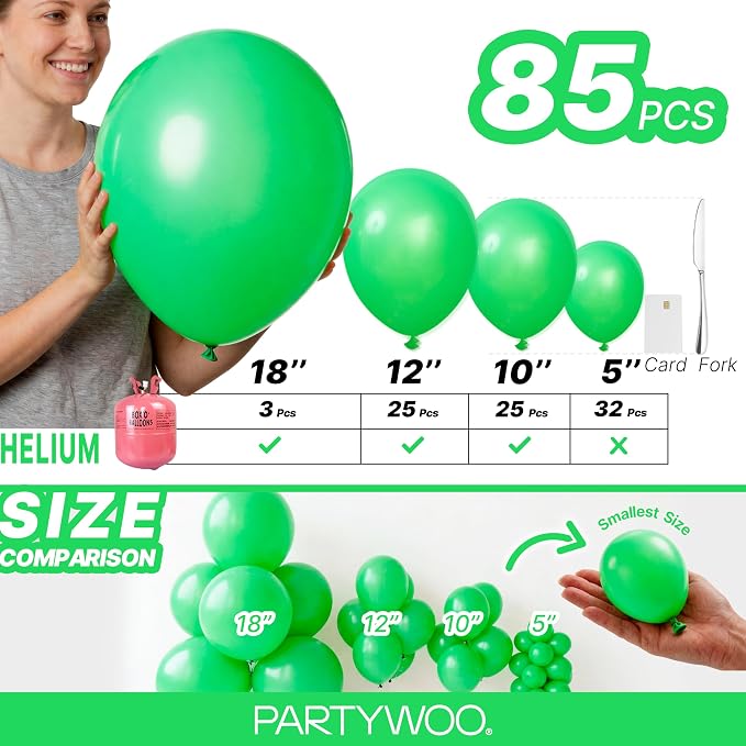 PartyWoo Green Balloons 85pcs Different Sizes of 18 12 10 5 Inch | Balloons - Image 6