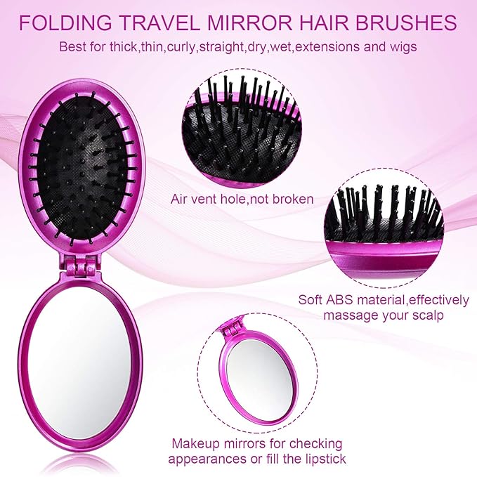 Boao 2 Pack Foldable Travel Mirror Hair Brushes Round Portable Folding Pocket Hair Brush Mini Comb Compact Travel Size Massage Comb for Men Women (Blue, Purple)