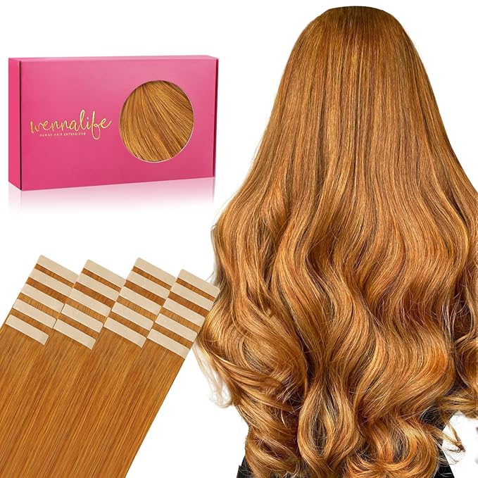 WENNALIFE Tape in Hair Extensions Human Hair, 20pcs 50g 24 inch Auburn Ginger Remy Hair Extensions Straight Skin Weft Extensiones De Cabello Humano
