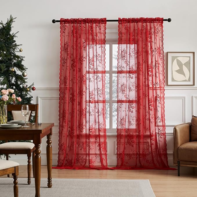 Red Lace Curtains 63 Inch Length 2 Panels Set - Image 2