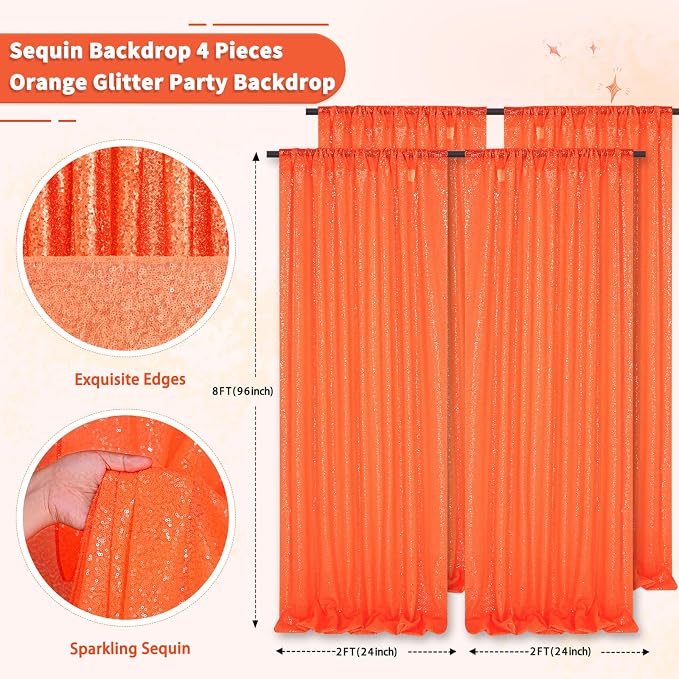 Orange Party Decor Sequin Curtains 4Pcs 2FTx8FT Halloween Photo Backdrop - Image 2