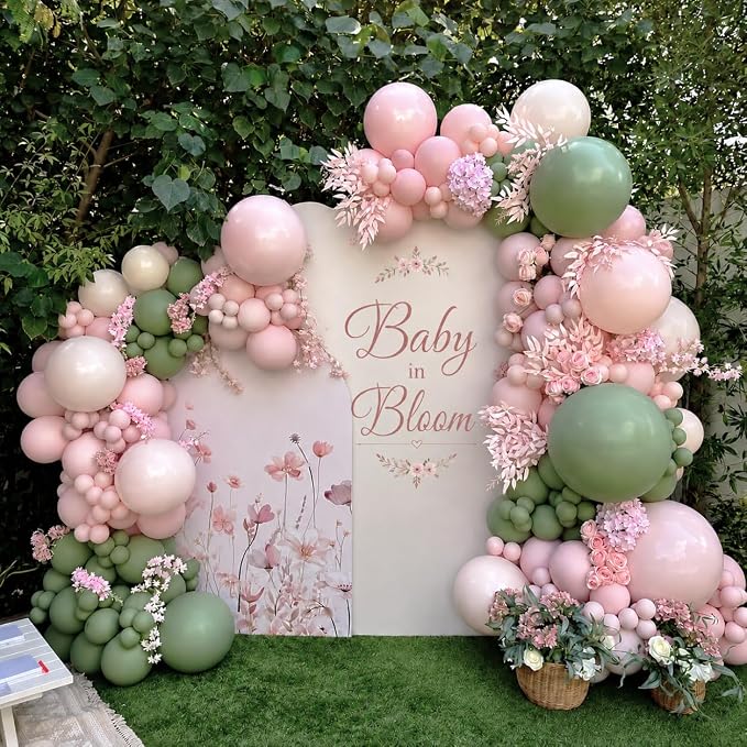 Pink and Green Balloons, 12 Inch Sage Green Pink Sand White Balloons - Image 3