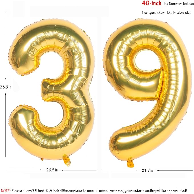 40 Inch gold Number Balloons 39 Helium Foil Mylar Balloon | Birthday Party - Image 2