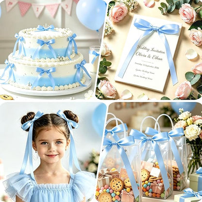 NEBURORA 50 Pcs Blue Bows for Cake Decoration Party Ribbon Bowknots | Pastel - Image 6