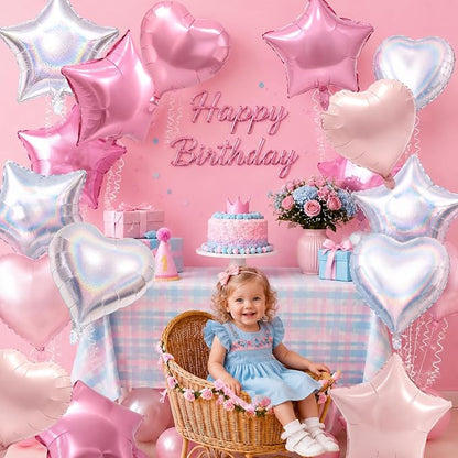 TONIFUL 18 Inch Pink Silver Star and Heart Foil Balloons - Image 5