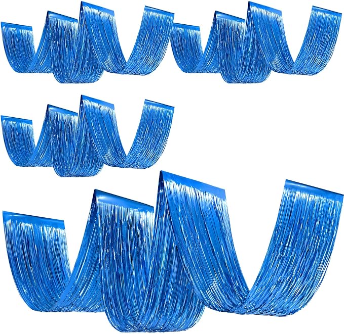 4 Pcs 15ft Blue Metallic Foil Ceiling Fringe Curtains, Party Decor Fringe Drapes by Breling