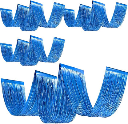 4 Pcs 15ft Blue Metallic Foil Ceiling Fringe Curtains, Party Decor Fringe Drapes by Breling