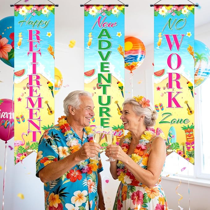 3Pcs Retirement Porch Sign Door Hanging Banner Luau Tropical Happy Retirement - Image 5