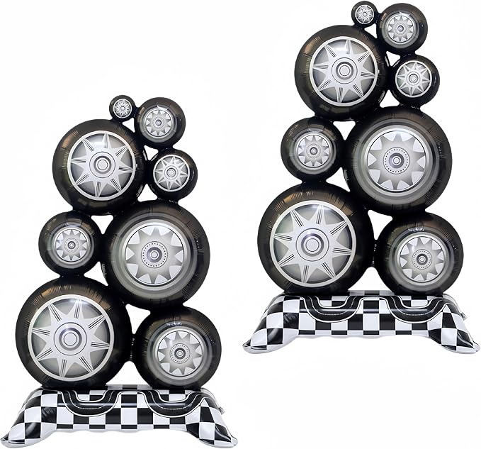 2Pcs Self Standing Racing Tire Balloon/Giant 3.5Ft Black White Checkered by baoonworlld