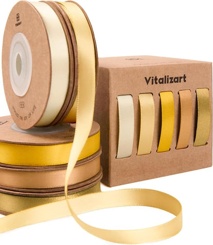 Vitalizart Gold Ribbons for Crafts 3/8" x 50Yds Double-Faced Satin Ribbon | by Vitalizart