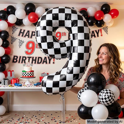 40" Checkered Number 9 Balloon for 9th Race Theme Birthday Party Supplies | 40 - Image 4