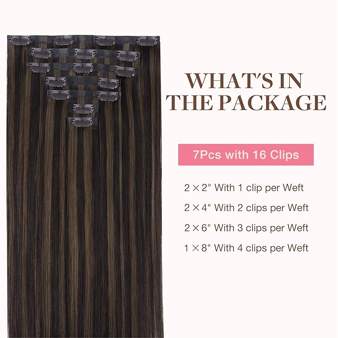 GOO GOO Clip in Hair Extensions Real Human Hair, Remy Human Hair Extensions Clip ins for Women, Natural Human Hair, 12inch 85g 7 Pcs, #2/6 Dark Brown Highlighted Chestnut Brown